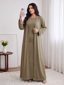 Celisse Women's 2 Pieces Set, Long Robe Cardigan & Dress Set, Elegant Daily Wear Women's 2 Pieces Set, Women's Dress Set - Khaki - View 5