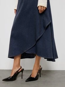 Maija Deep Washed Blue Women's Skirt, Autumn Urban Casual Layered Voluminous Hem - Navy Blue - View 5