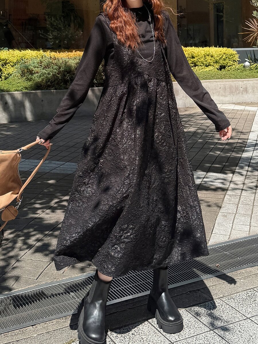 FRIFUL Women's Autumn Textured Fabric Cinched Waist Sleeveless Long Dress - Black - View 1