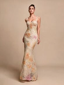 Glamine Floral Sequin Mesh Elegant Evening Dress - Apricot - View 5