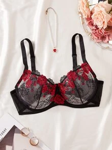 SHEIN 1件舒適刺繡花卉蕾絲薄罩杯大尺碼女款鋼圈內衣 - 彩色 - 查看 1