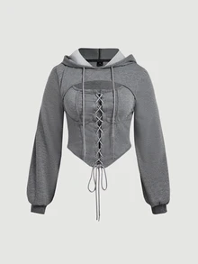 SHEIN MOD Plus Size Criss-Cross Lace-Up Hollow Out Sweatshirt - Dark Grey - View 1