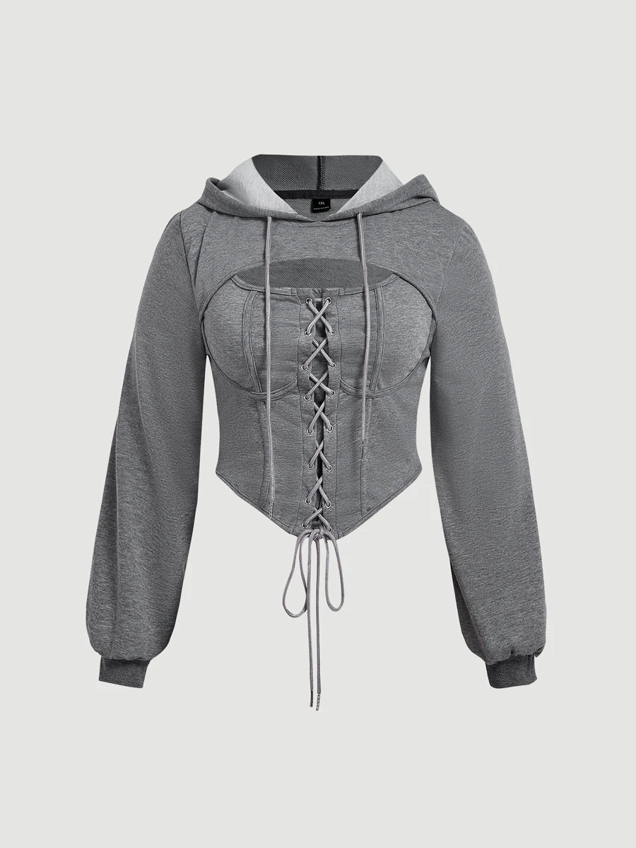 SHEIN MOD Plus Size Criss-Cross Lace-Up Hollow Out Sweatshirt - Dark Grey - View 1