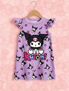 HELLO KITTY AND FRIENDS | SHEIN Young Girl Cartoon Print Round Neck Flutter Sleeve Casual Dress - Purple - View 3