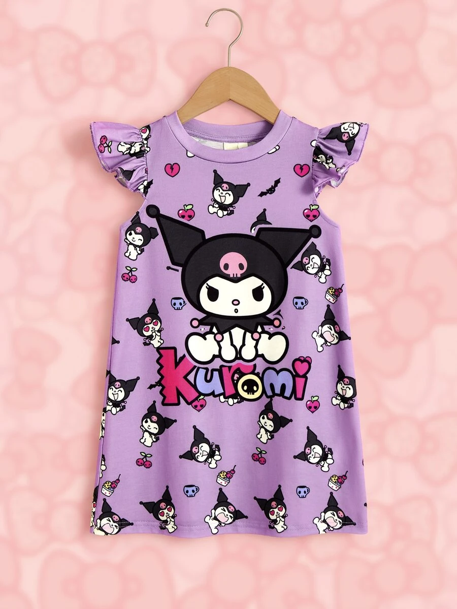 HELLO KITTY AND FRIENDS | SHEIN 女童卡通印花圓領荷葉袖休閒洋裝 - 紫色 - 查看 1