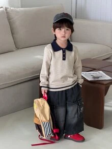 DAZY Infant (Boy) Contrast Color Long Sleeve Sweater With Turn-Down Collar Fall - Apricot - View 6