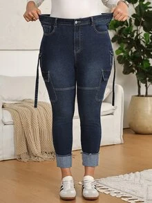 EMERY ROSE Plus Size Casual Washed Slim Fit Cargo Jeans,High-Waisted Cargo Jeans,Rolled Cuff Hem,Cropped Ankle Length,Everyday Casual,Halloween,Christmas - Blue - View 6