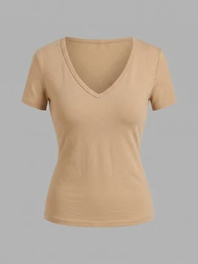 SHEIN EZwear 3件組女款休閒深V領修身短袖T恤，34%棉，夏季服飾，街頭風，適合日常通勤、約會、聚會、秋冬/夏季、派對、婚禮、海灘、畢業典禮，優雅休閒，適合外出、Y2K、音樂節穿搭、度假服飾、返校服裝 - 彩色 - 查看 6
