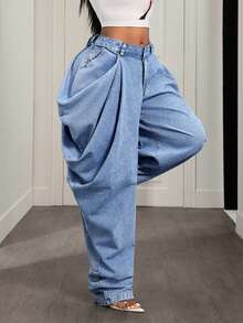SHEIN CURVE+ Plus Size Light Blue Vintage Washed 3D Draped Ruched Wide Leg Denim Jeans With Half Elastic Waistband, Asymmetrical Pockets, Loose Deconstructed Casual Floor-Length Pants - Light Wash - View 4