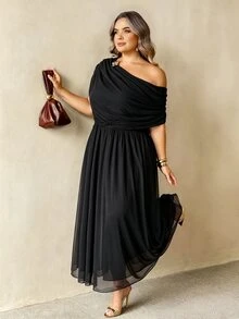 SHEIN CURVE+ New Summer Brown Asymmetrical Shoulder Cowl Neck Metal Buckle Decor Plus Size Cinched Waist Flared Mesh Double Layer Dress/Premium - Black - View 4