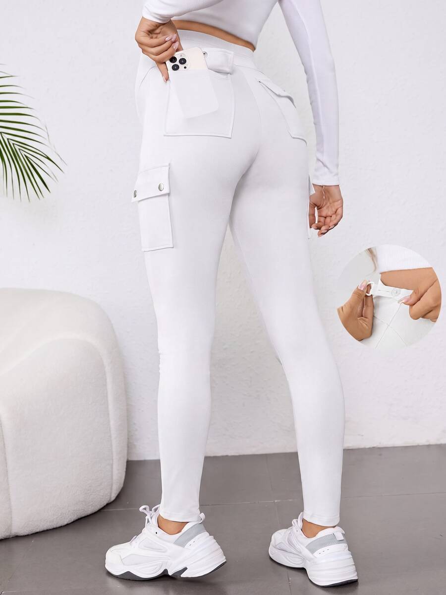 SHEIN 孕婦休閒百搭純色工裝緊身褲 - 白色 - 查看 1