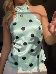 CovetEZ Women's Sweet French Polka Dot Print Halter Neck Tie Top - Mint Blue - View 5