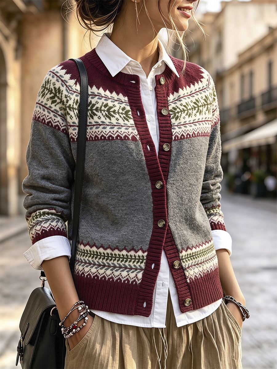 SHEIN Women's Fashion Jacquard Button Contrast Color Cardigan - Multicolor - View 1