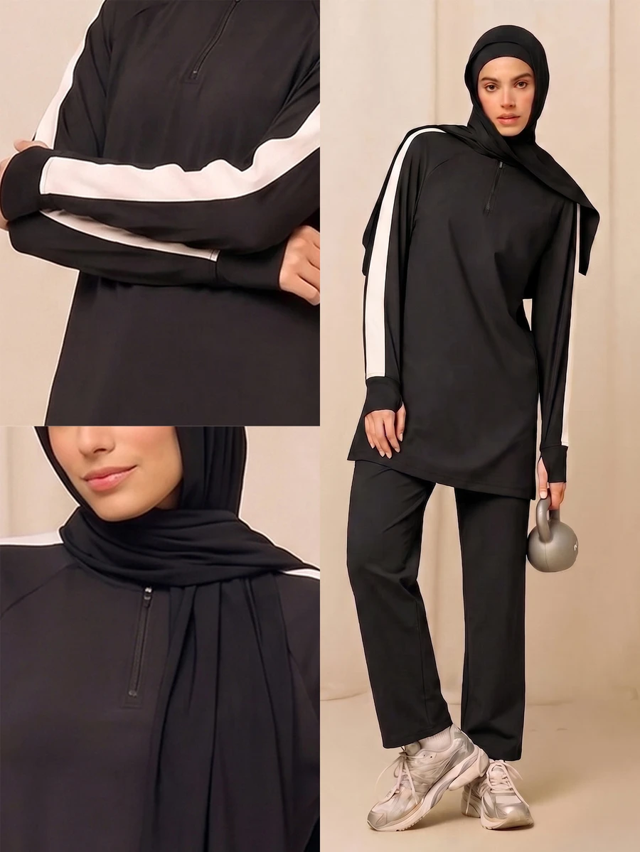 SHEIN With My Calm Black & White Contrast Striped Half-Zip Long Sleeve Muslim Sports 3 Pieces Set, Modest Flattering Middle Eastern Fitness Yoga Outfit - Black - View 1