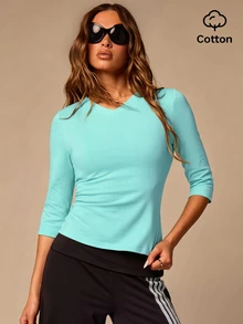 Athîral Women's Casual Versatile Solid Color Fitted T-Shirt - Teal Blue - View 1