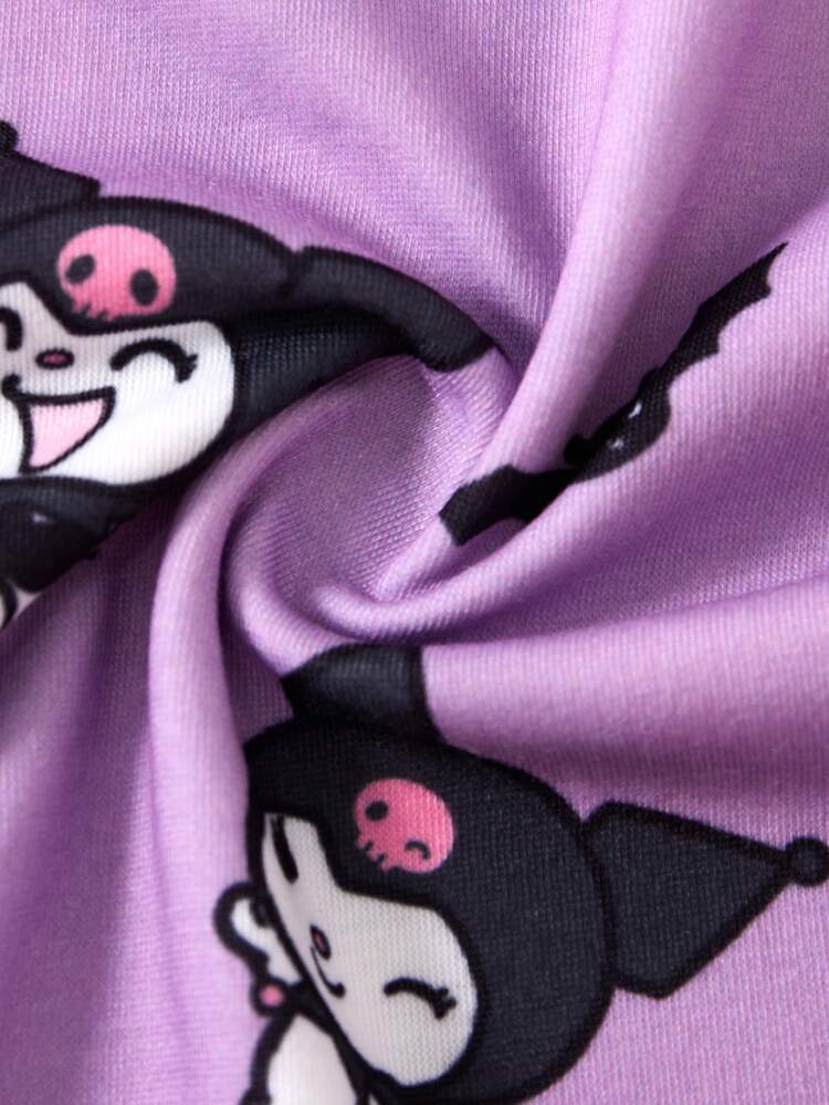 HELLO KITTY AND FRIENDS | SHEIN 女童卡通印花圓領荷葉袖休閒洋裝 - 紫色 - 查看 7
