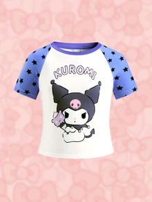 HELLO KITTY AND FRIENDS | SHEIN 少女卡通印花圓領短袖時尚T恤 - 淡紫色 - 查看 3