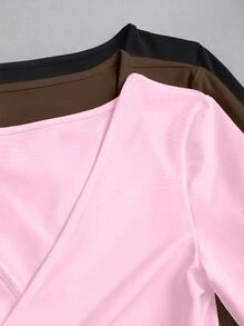 DrmWander Plus Size Women's Solid Color Side Knot V-Neck Long Sleeve Cropped T-Shirt - Multicolor - View 3