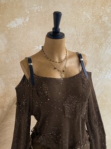 Soleia Women's Fashion Sequin Knit Distressed Y2K Decor Asymmetrical Knit Top - Brown - View 4
