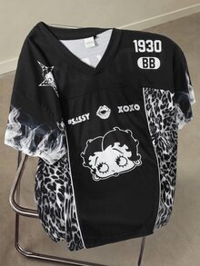 Betty Boop x SHEIN Men's Leopard Print V-Neck Short Sleeve Casual T-Shirt - Black - View 1