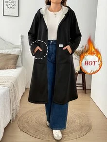 Easowa Curve 大尺碼時尚純色軍綠色連帽口袋設計中長版夾克 - 黑色 - 查看 1