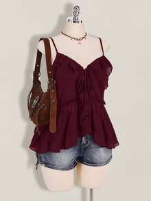 SHEIN ICON Women's Plus Size Ruffle Chiffon Solid Color Front Tie Strap Tank Top - Maroon - View 5