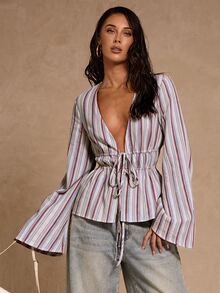 SHEIN Glamour 時尚藍白條紋深V領喇叭袖門襟抽繩蝴蝶結裝飾秋季女款襯衫，秋冬、海灘、外出、休閒、度假 - 酒紅色 - 查看 4