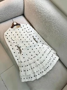 SHEIN Franclia Women's Elegant Black And White Polka Dot Dress For Daily Commute And Date, Double Layer Ruffle Hem - White - View 1