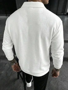 DAZY 春秋款白色素色胸前貼布 POLO 領男士長袖 T 恤 - 白色 - 查看 2