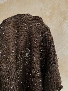 Soleia Women's Fashion Sequin Knit Distressed Y2K Decor Asymmetrical Knit Top - Brown - View 7