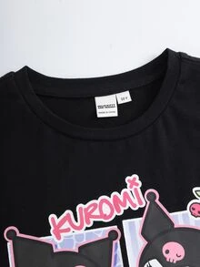 HELLO KITTY AND FRIENDS | SHEIN تي شيرت كاجوال يومي بأكمام قصيرة بطبعة حروف كرتونية للبنات المراهقات - الأسود - مشاهدة 4
