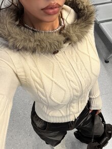 StreetHx Women's Versatile Classic Cable Knit Daily Commute Streetwear Retro Style Autumn/Winter Hooded Fur Collar Sweater Vest - Apricot - View 7