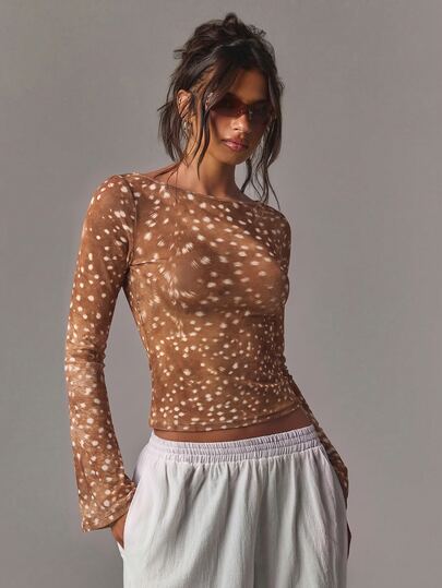 Athîral Top en maille marron et blanc coupe slim pour femmes, imprimé faon, col bateau, manches longues évasées, style glamour Y2K transparent, automne, sortie nocturne, tenue de soirée, hauts pour sortir