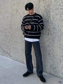 DAZY 男士黑色與銀灰色條紋圓領毛衣，羅紋袖口與下擺，刷毛，秋冬款 - 彩色 - 查看 3