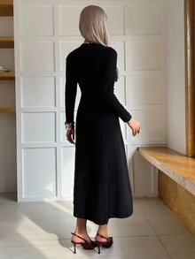 DAZY Autumn V-Neck Long Sleeve Cinched Waist Metal Button Decor Black Elegant Commuter Style Women's Sweater Dress Winter - Black - View 2