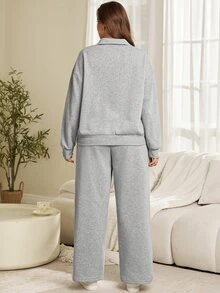EMERY ROSE 2 st plus size damset för hösten med grå sportig casual zip-up sweatshirt och byxor med fickor, 2 delar, höst/vinter, vinterset, loungewear, varmt - Grå - Visa 3