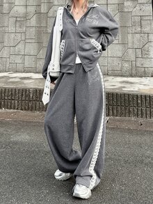 FRIFUL Setelan 2 Potong Wanita: Sweatshirt Lengan Panjang Berkerudung Berpayet dan Celana Patchwork Renda untuk Musim Gugur - Grey - View 7