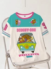 SCOOBY-DOO X SHEIN 大尺碼可愛卡通圖案印花圓領短袖T恤 - 白色 - 查看 1