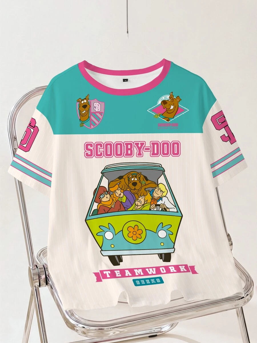 SCOOBY-DOO X SHEIN 大尺碼可愛卡通圖案印花圓領短袖T恤 - 白色 - 查看 1