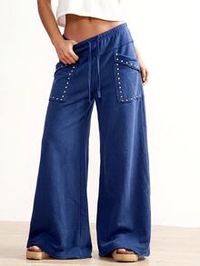 Bohemela Women's Solid Color Wide Leg Casual Vacation Pants - Blue - View 2