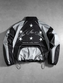 ROMWE MEN Street Life Men's Letter Print Long Sleeve Zip-Up Casual Jacket - Multicolor - View 2