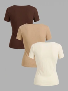 SHEIN EZwear 3件組女款休閒深V領修身短袖T恤，34%棉，夏季服飾，街頭風，適合日常通勤、約會、聚會、秋冬/夏季、派對、婚禮、海灘、畢業典禮，優雅休閒，適合外出、Y2K、音樂節穿搭、度假服飾、返校服裝 - 彩色 - 查看 3