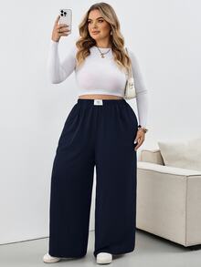 SHEIN CURVE+ 大尺碼格紋長褲，黑白格紋彈性腰帶口袋寬腿，2026秋冬 22W - 藏蓝色 - 查看 6