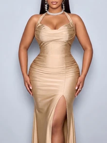 SOLERSUN Plus Size Women's Elegant Hooded Collar Pleated Long Dress Backless Spaghetti Straps High Slit Gown Wedding Cocktail Champagne Summer - Khaki - View 6