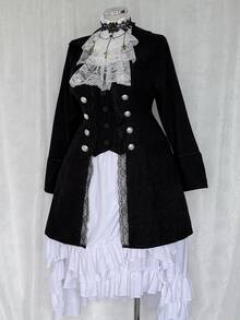 Sunspun Plus Size Women's Contrast Lace Long Sleeve Double Button Napoleon Jacket Halloween - Black - View 5