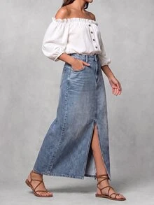 Balvessa Women's Casual Versatile Denim Skirt With Pockets And Buttons For Daily Wear - Blue - View 3