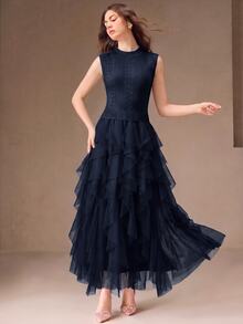 Anewsta Gaun Panjang Wanita Terbaru Tanpa Lengan, Rajutan Crochet, Patchwork, Multi-Layer, Hem Berumbai, Romantis dan Elegan - Navy Blue - View 4