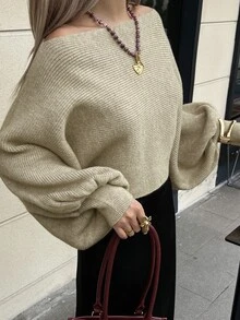 DAZY Sweater Wanita Longgar Kasual Model Bahu Terbuka Lengan Lentera Pendek Warna Khaki, Musim Gugur - Aprikot - View 4