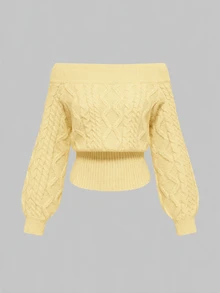 ROMWE Sexy Romantic Thick Knit Z-Pattern Deep Gray Off-Shoulder Lantern Sleeve Pullover Sweater - Light Yellow - View 6