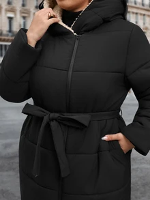 Reflora Plus Size Long Thick Thermal Lined Hooded Padded Coat For Autumn/Winter - Black - View 8